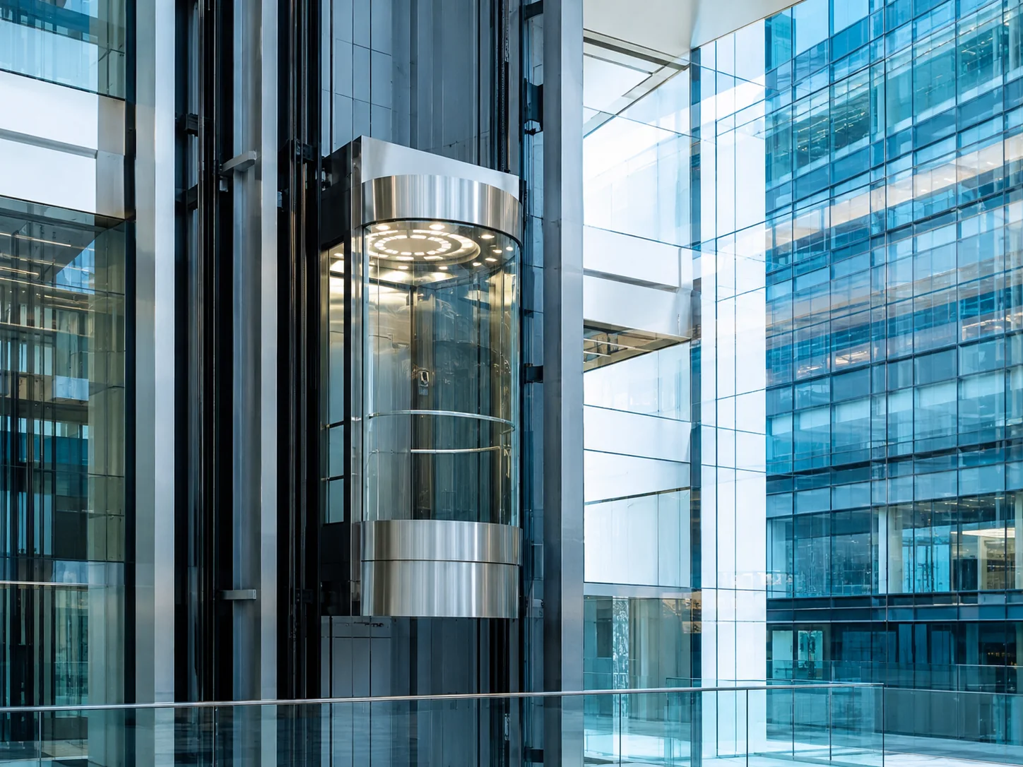Glass elevator in a modern building