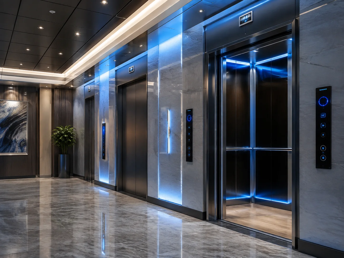 Modernized elevator interior and landing